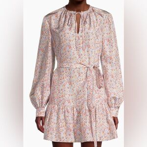 Rebecca Taylor 100% silk floral tie belt mini dress cottagecore violet floral